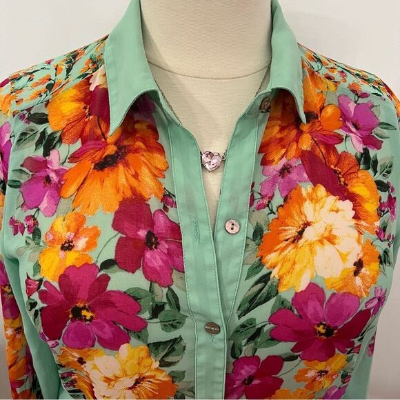 Fig and Flower Mint‎ Green Floral Button Up Long Sleeve Top  -- XL - Picture 11 of 15